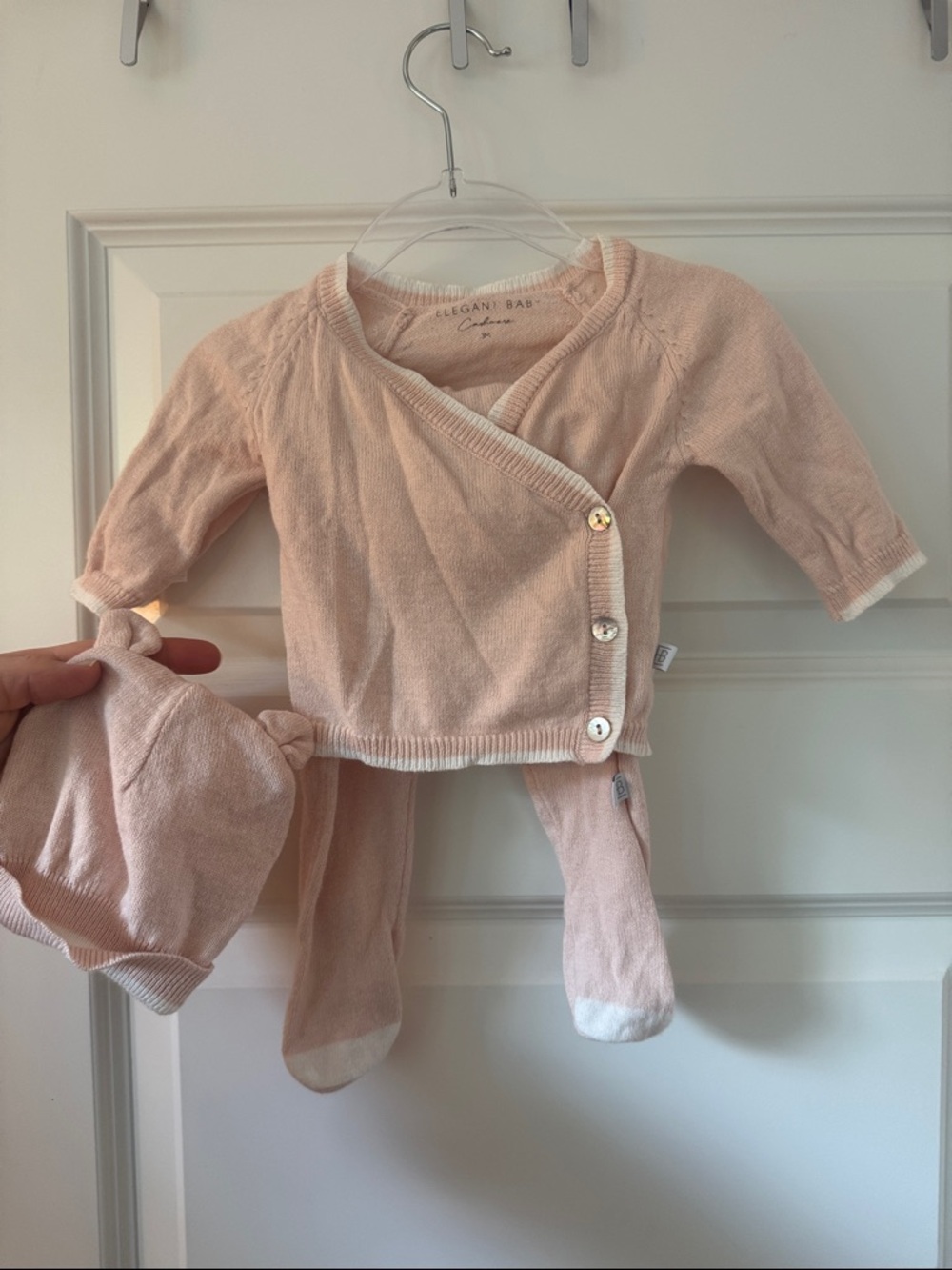 Elegant Baby Knit Wrap Top, Hat & Footed Pants - Soft Blush, cashmere collection